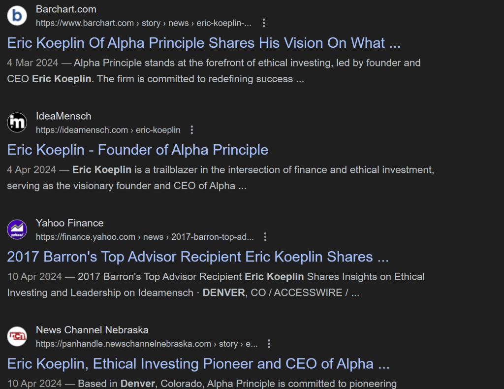 Eric Koeplin Alpha Principle SERP results